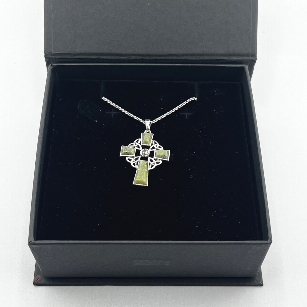 The Irish Store Celtic‎ Knot Cross Pendant Necklace Green Stone Silver Tone